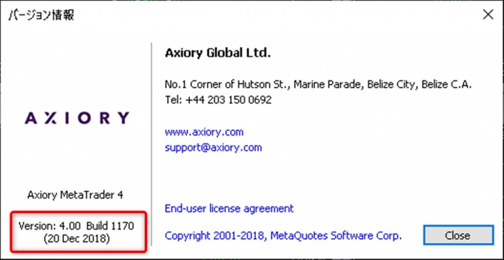 Axiory現在のMT4バージョンVersion4.00 Build 1170(20 Dec 2018)